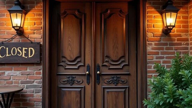 Elegant wooden double doors with warm lighting and a "CLOSED" sign, inviting mystery.