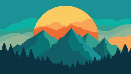 Teal Mountains Landscape Silhouette with Rising Sun Illustration, Art Style