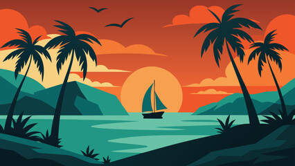Tranquil Tropical Sunset Illustration with Sailboat, Palm Trees, Birds, and Colorful Sky