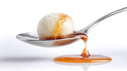 Delicious gulab jamun on a spoon with dripping syrup isolated on white background