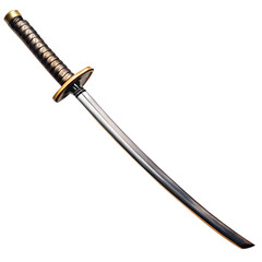 A japanese katana sword with a curved blade and a traditional hilt, isolated on transparent background, representing martial arts and samurai culture