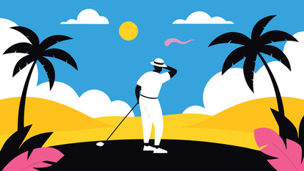 Tropical Golf Golfer Posing on a Colorful Course with Palm Trees and Yellow Sky