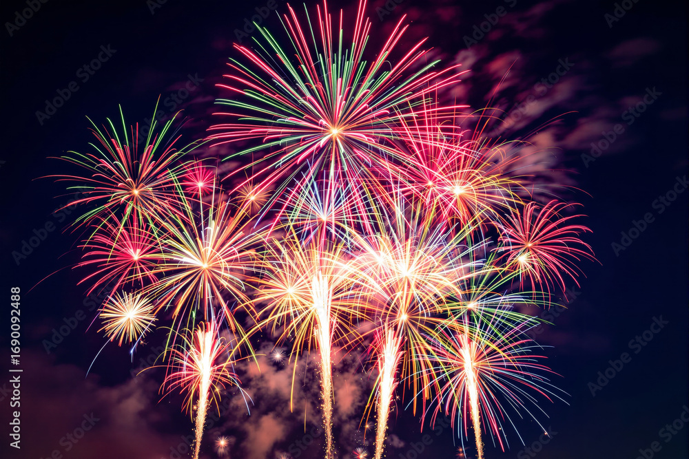 Poster bright colorful fireworks exploding in sky during night celebration with vibrant patterns and festiv