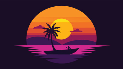 Tropical Sunset Illustration Palm Tree, Boat, and Figure in Silhouette Against Striking Sky