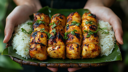 Close-up of hands holding sticky rice and grilled chicken wrapped in banana leaf 