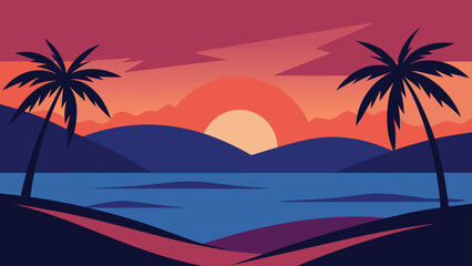 Tropical Sunset Landscape with Palm Trees, Ocean, Mountains, and Red Sky Illustration