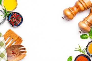 Food, cooking, spices background, chili pepper and turmeric, kitchen towel, spice grinder, kitchen utensils, white copy space, top view