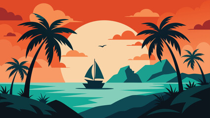 Tropical Sunset with Sailboat and Palm Trees Beach Paradise Illustration