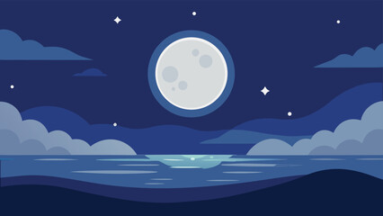 Vectorial Night Ocean Landscape with a Large Full Moon, Stars and Clouds Illustration