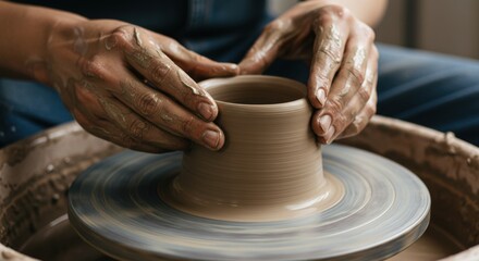 Crafting Clay Potter's Hands Shaping Brown Pottery on Wheel