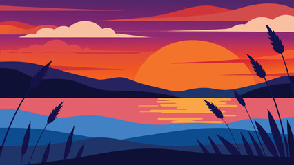 Vivid Sunset Over Lake with Mountains and Reeds Illustration Art