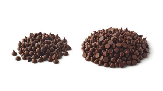 Irresistible mounds of semi-sweet chocolate chips tempting bakers for delicious cookies and desserts on a clean white background