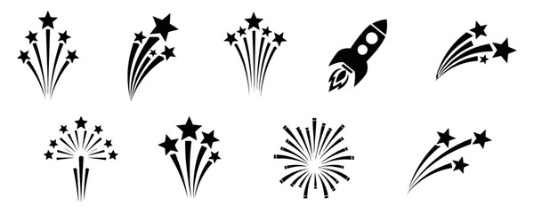 Collection of black and white vector graphics featuring fireworks, stars, and a rocket ship.