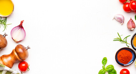 Food background, tomatoes, spices and herbs, ingredients for healthy eating and cooking, copy space, top view