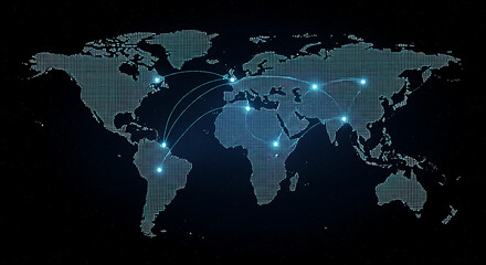 World map with glowing dots and lines connecting various locations on a dark background display design