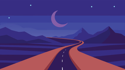 Winding Road Through Mountains at Night with Crescent Moon and Stars Illustration