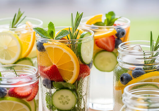 Refreshing infused water with assorted fruits, vegetables, and herbs in glasses, offering a healthy and vibrant beverage option for a revitalizing experience