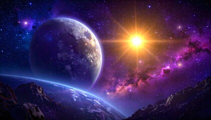 A celestial spectacle unfolds with a bright sun illuminating a large moon and a vibrant purple nebula in the cosmos