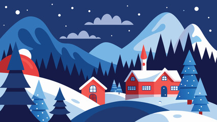 Winter Red Houses in Snowy Landscape with Mountains, Pine Trees, and Falling Snow