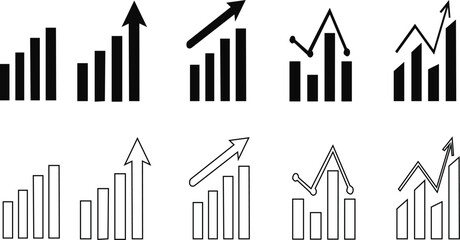 Obraz premium up and down graph chart vector icon set . growth increase sign. economy rise and decline symbol. Growth bar chart, Business chart with arrow, profit growing icon, Grow stock vector