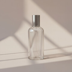 Clear glass spray bottle with a silver cap, illuminated by natural light and geometric window shadows on a light background.