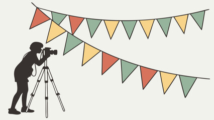 Silhouette of Photographer with Camera on Tripod Festive Bunting Decor Celebration Event Illustration.