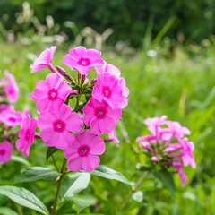 Vibrant pink flowers blooming in a lush green field