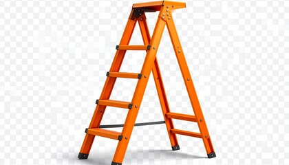 Bright orange four-step A-frame ladder with black treads and rubber feet, designed for stability and visibility in household tasks.