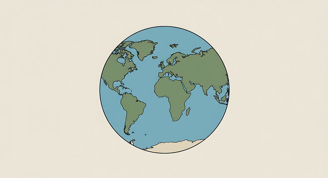 Illustration of the earth showing continents and oceans on a light beige background in a circle