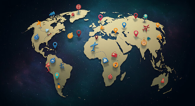 Illustrated world map with travel icons and location pins against a dark blue starry background