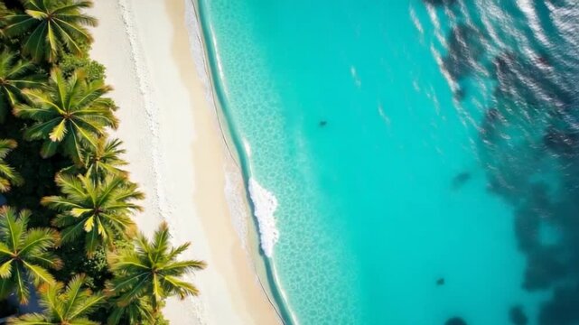 Maldives tropical beach with palms and blue ocean, sunny day. Aerial view between the palm trees