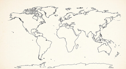 Fototapeta premium An outline map of the world showing the continents and land masses on a white background surface view