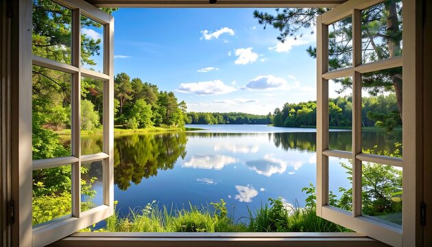 A tranquil view of a shimmering lake through an open window. Verdant trees line the shore under a bright blue sky scattered with fluffy white clouds, framed by a neutral colored window