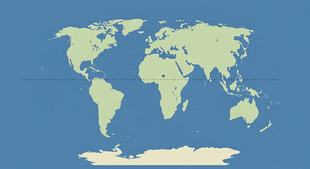 A world map showing continents and oceans with a dotted line representing the equator across the globe