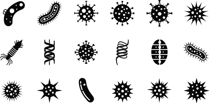 Vector set of microorganism and virus silhouettes, bacteria icons, DNA helix shapes, microbiology symbols, scientific research, infectious disease, pathogen illustration