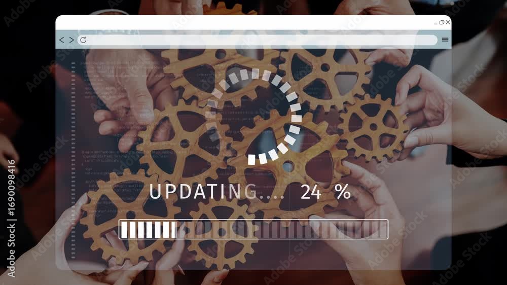 Poster a vibrant scene of hands collaborating over gears to symbolize teamwork and digital updates, featuri