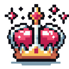 Shiny pixel art crown icon for a video game, depicting a royal gold headdress with red jewels and magical sparkles on a white background