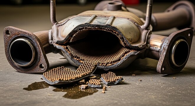 Damaged catalytic converter showing internal honeycomb structure.
