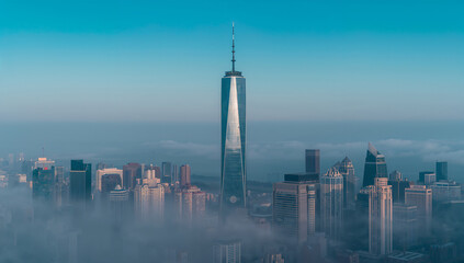 Fototapeta premium Tall skyscraper piercing through morning mist city