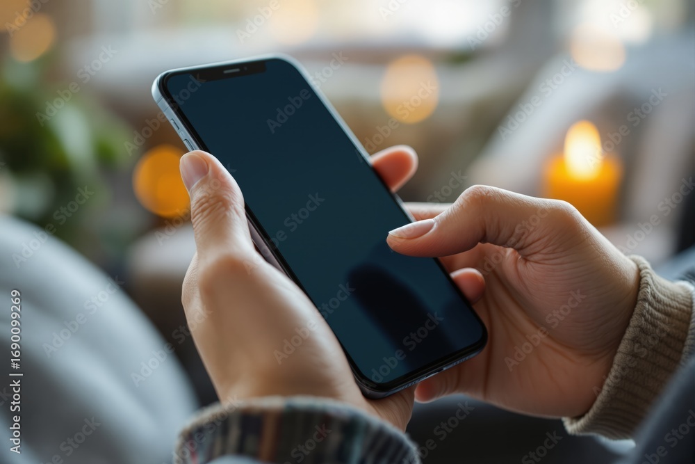 Poster hands holding smartphone with blank screen, realistic photo style, soft bokeh background with warm l