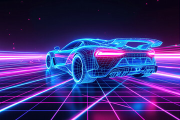 Futuristic sports car in neon wireframe style on glowing grid with vibrant pink and blue lights in retro-futuristic digital environment. Ai generative