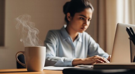 Natural Light Study: Indian Woman Concentrating at a Modern Table Surrounded by Textured Neutrals