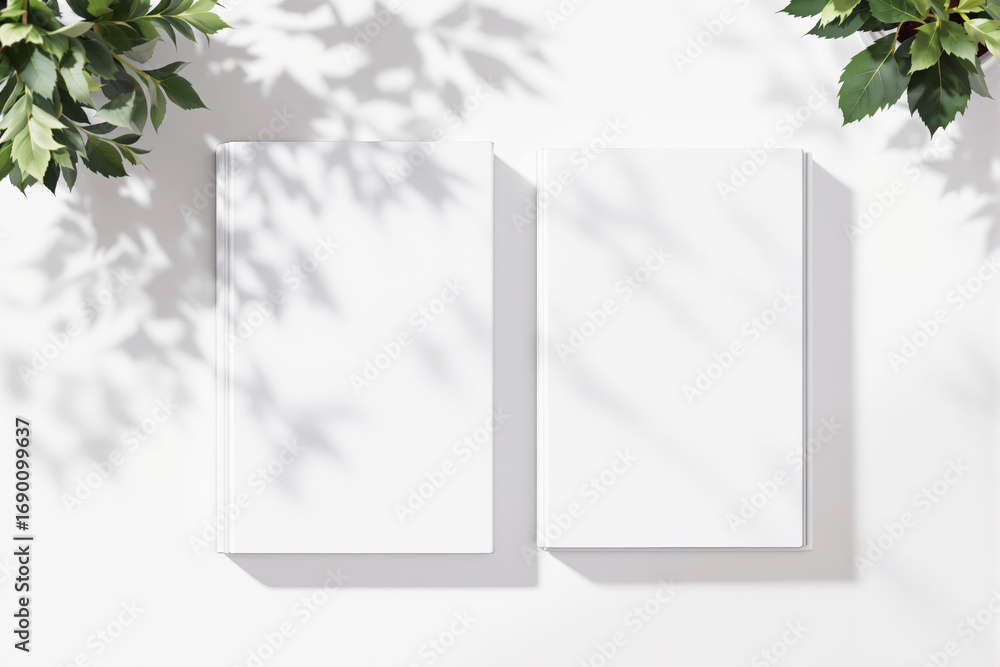 Poster minimalist mockup of two blank books with leaf shadows and copy space on white background for creati