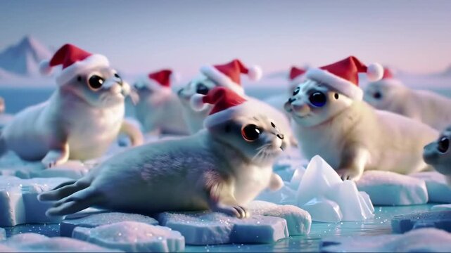 Adorable arctic seal pups in red Santa hats resting on glittering blue ice floes with pastel polar sunrise and snowy mountains beyond 