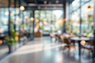 Fototapeta premium Blurred cafe interior with tables, chairs, and soft lighting in a cozy modern style, featuring large windows and plants, creating a warm background. Ai generative
