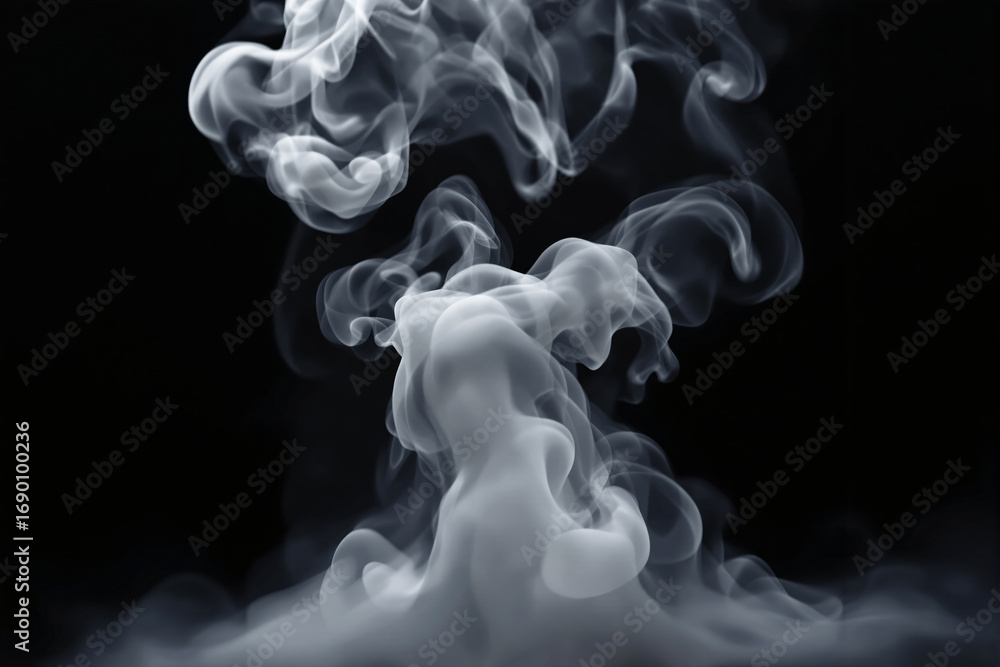 Poster abstract swirl of white smoke floating in midair with artistic curls and waves on a dark background,