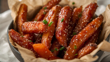 Glazed sweet potato fries with sesame seeds green onions