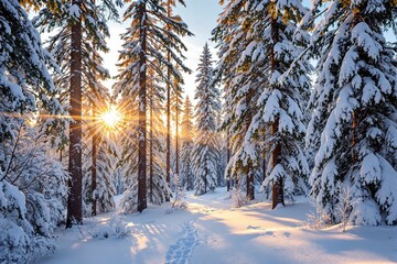 Fototapeta premium Snow-covered pine forest with sunlight filtering through trees, creative style on a natural outdoor background, concept of winter serenity. Ai generative