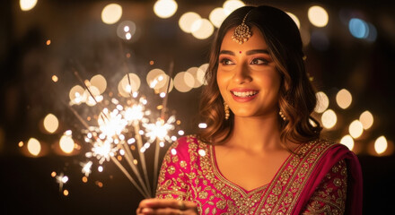 young indian woman holding sparkler on diwali festival
