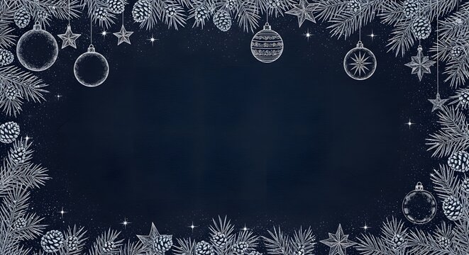 Elegant christmas frame with silver ornaments and fir branches on a dark blue background, creating a sophisticated and festive border for holiday greetings